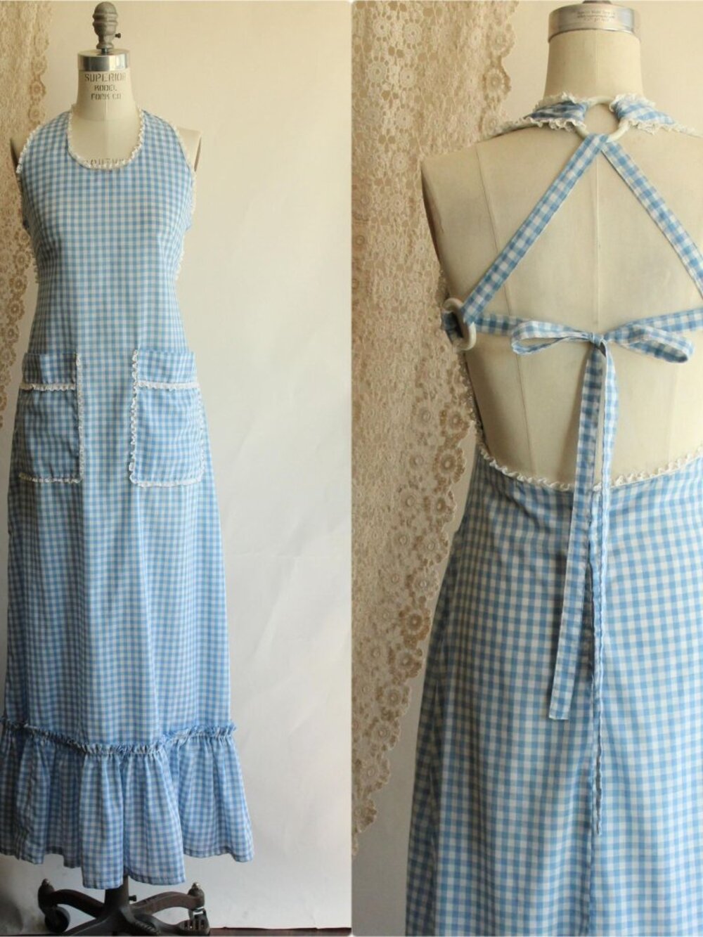 Vintage 1970s Dress with Pockets, Blue Gingham Prairie Maxidress Pinafore with T